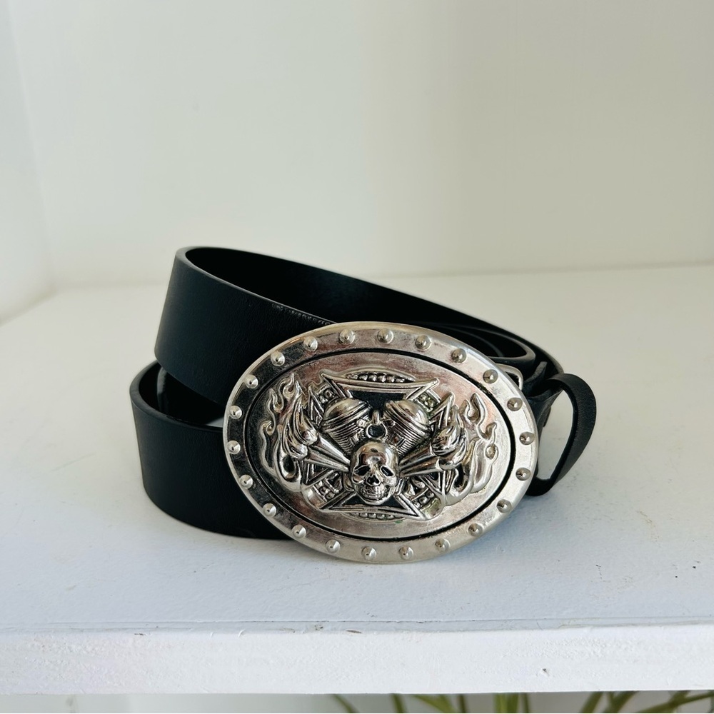 Vintage Badass Solid Black Leather belt with Iron Cross and Skull Belt Buckle 42